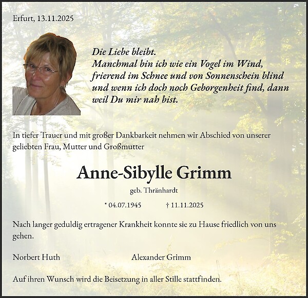Traueranzeige von Anne-Sibylle Grimm