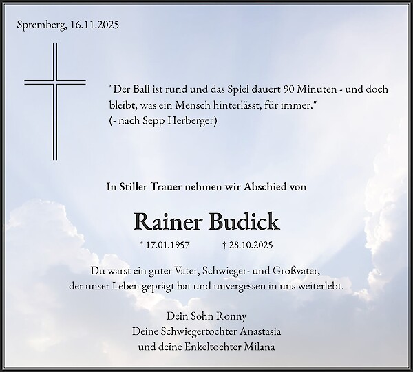Traueranzeige von Rainer Budick, Spremberg