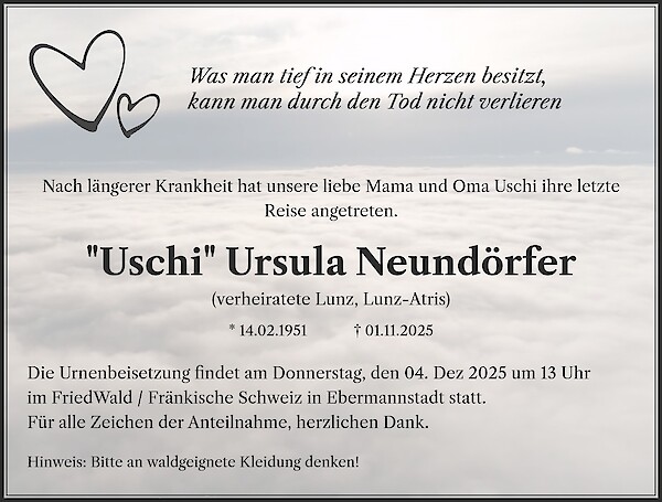 Obituary of "Uschi" Ursula Neundörfer, Uehlfeld