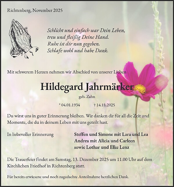 Traueranzeige von Hildegard Jahrmärker, Richtenberg