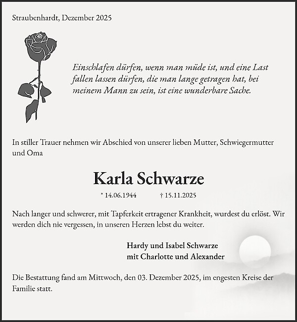 Traueranzeige von Karla Schwarze