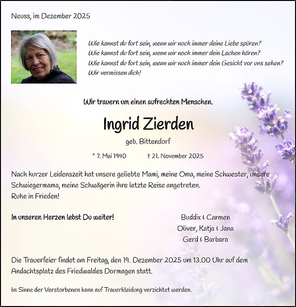 Obituary of Ingrid Zierden, Kaarst