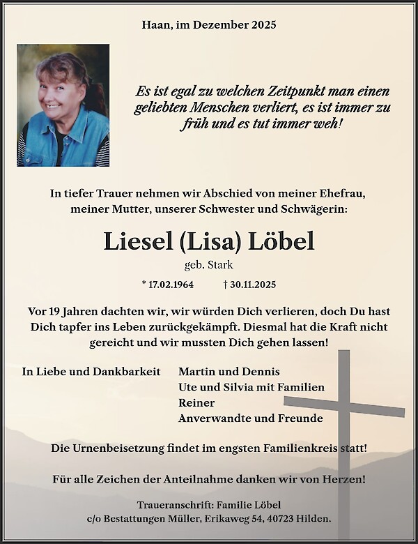 Obituary of Liesel (Lisa) Löbel, Haan