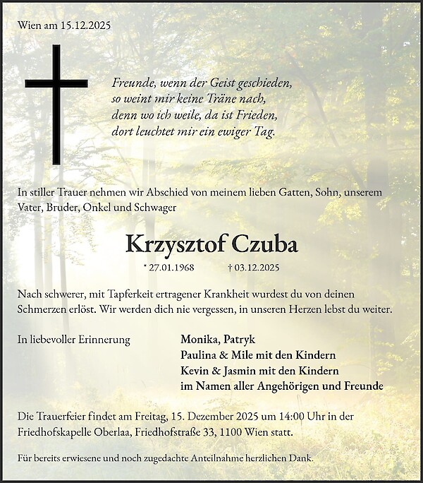Traueranzeige von Krzysztof Czuba, Wien
