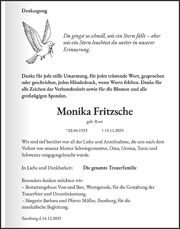 Danksagung von Monika Fritzsche, Ilsenburg