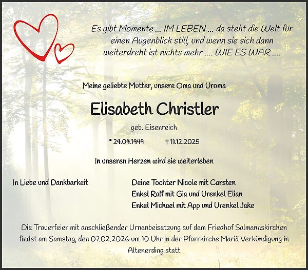 Traueranzeige von Elisabeth Christler