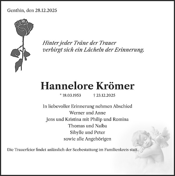 Traueranzeige von Hannelore Krömer