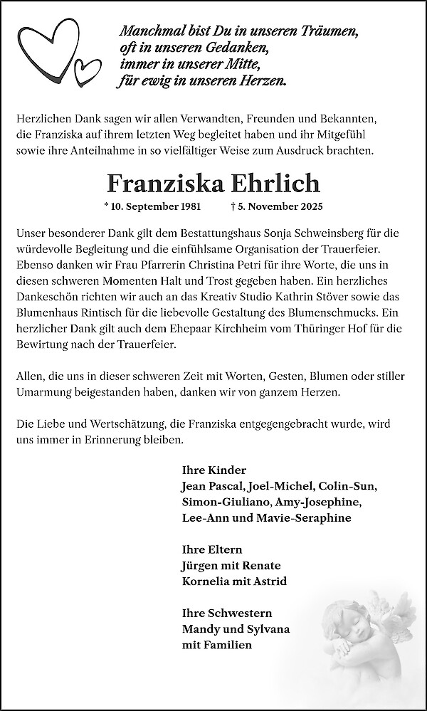 Note of Thanks of Franziska Ehrlich, Bad Langensalza
