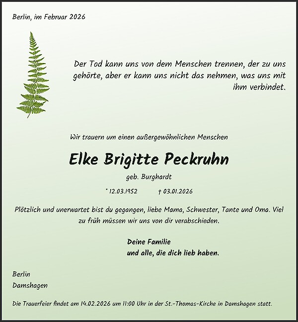 Obituary of Elke Brigitte Peckruhn, Berlin