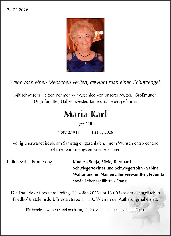 Obituary of Maria Karl, Wien