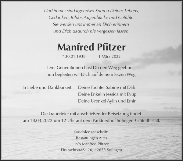 Traueranzeige von Manfred Pfitzer, Solingen