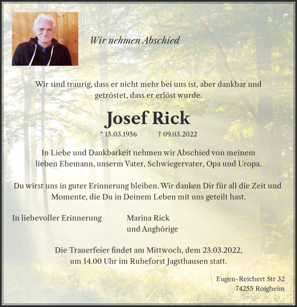 Obituary Josef Rick, Roigheim