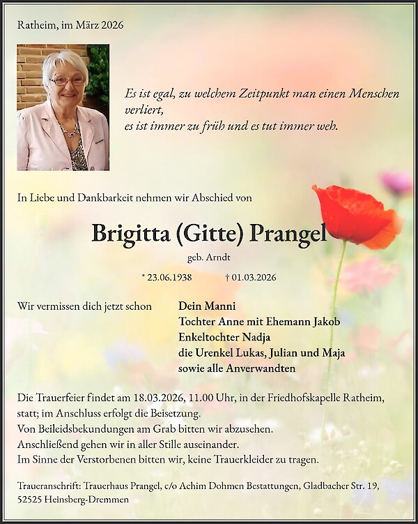 Traueranzeige von Brigitta (Gitte) Prangel, H&uuml;ckelhoven