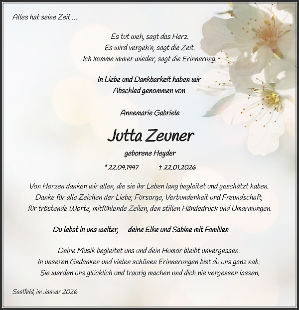 Obituary of Jutta Zeuner, Saalfeld