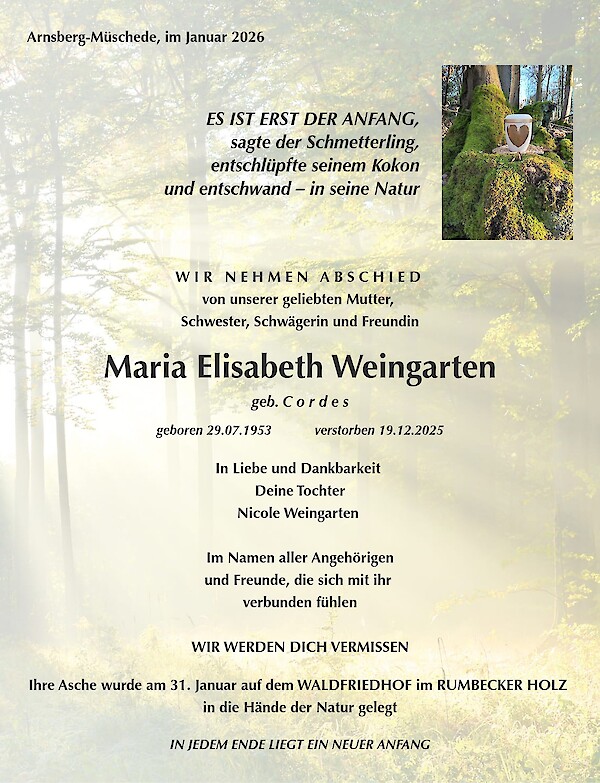 Traueranzeige von Maria Elisabeth Weingarten