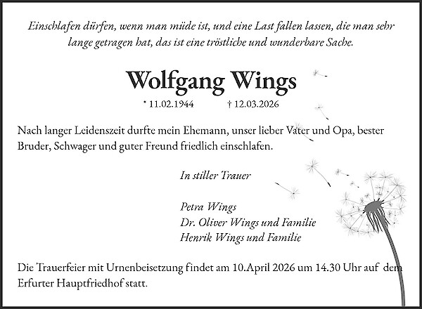 Obituary of Wolfgang Wings, Erfurt