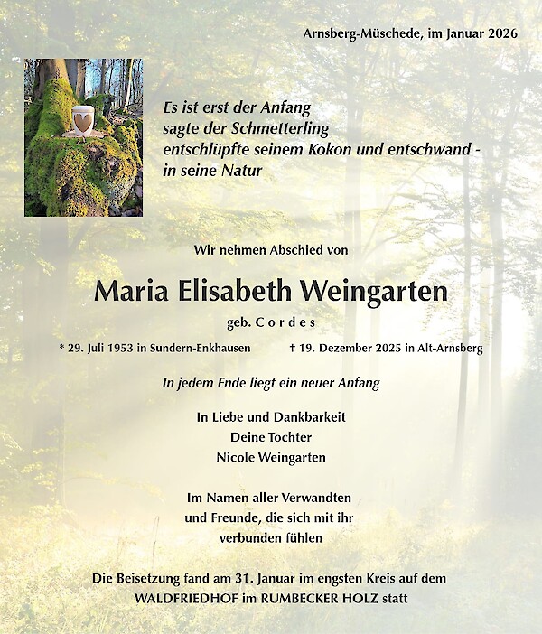 Obituary of Maria Elisabeth Weingarten