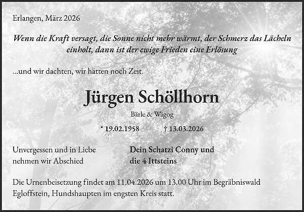 Traueranzeige von J&uuml;rgen Sch&ouml;llhorn, Erlangen