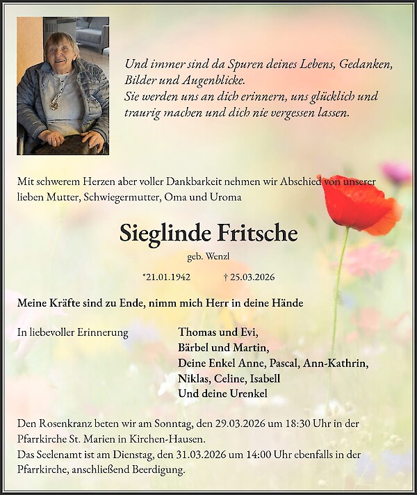 Traueranzeige von Sieglinde Fritsche