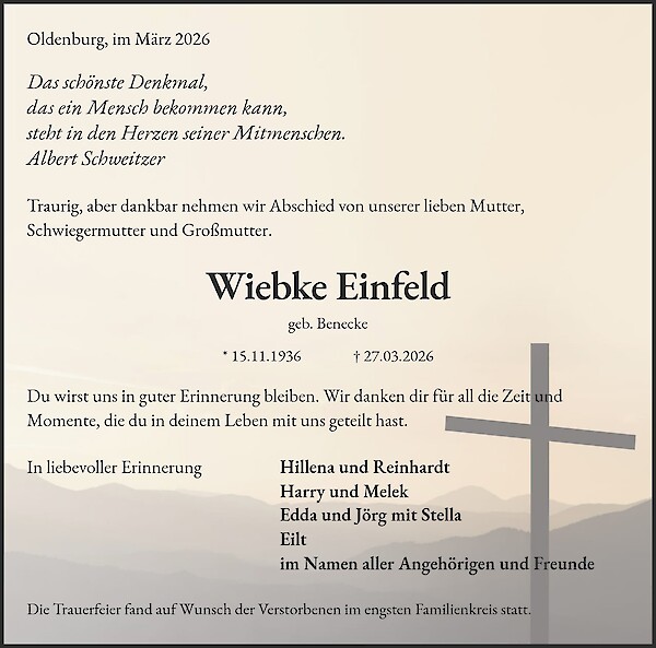 Traueranzeige von Wiebke Einfeld, Oldenburg