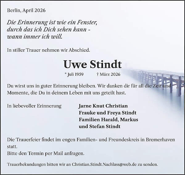 Traueranzeige von Uwe Stindt