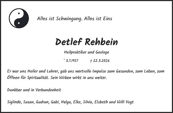 Traueranzeige von Detlef Rehbein