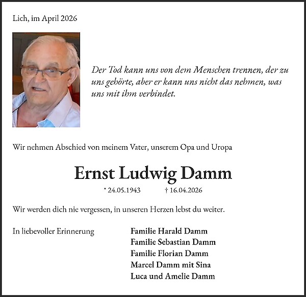 Obituary of Ernst Ludwig Damm, Fernwald-Steinbach