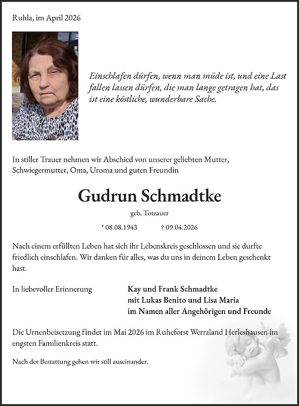Traueranzeige von Gudrun Schmadtke, Ruhla