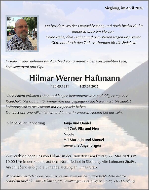 Traueranzeige von Hilmar Werner Haftmann, Siegburg