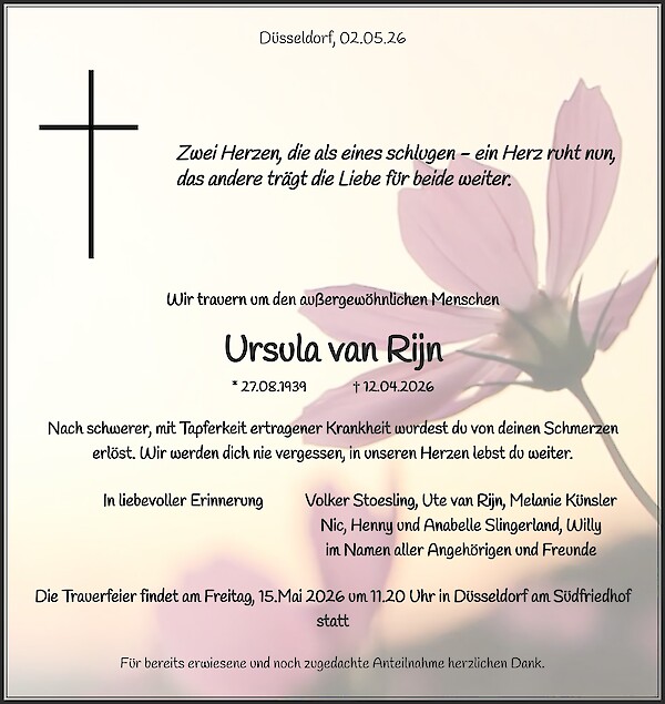 Obituary of Ursula van Rijn, D&uuml;sseldorf