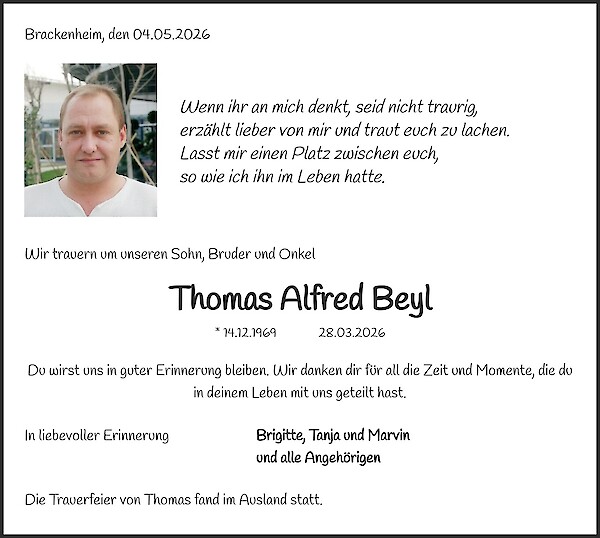 Traueranzeige von Thomas Alfred Beyl