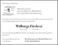 Traueranzeige Walburga F&uuml;rderer, Blumberg