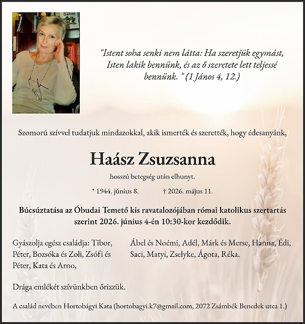 Traueranzeige von Ha&aacute;sz Zsuzsanna