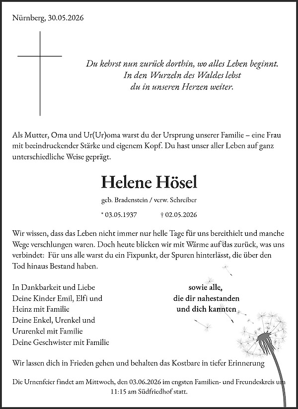 Traueranzeige von Helene H&ouml;sel, N&uuml;rnberg