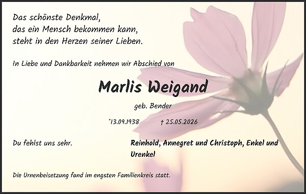 Traueranzeige von Marlis Weigand