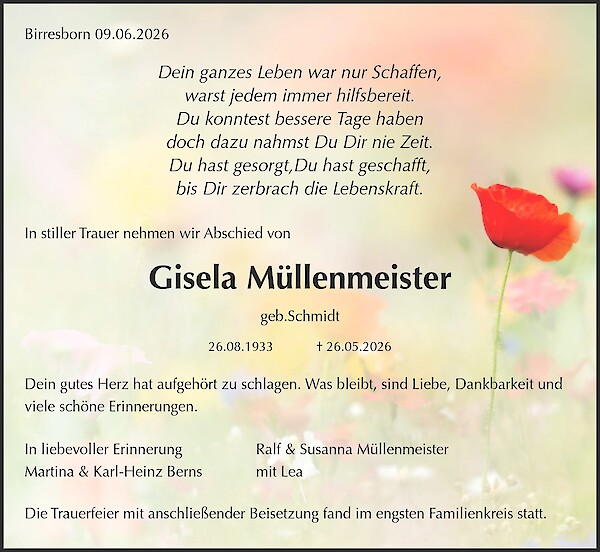 Traueranzeige von Gisela M&uuml;llenmeister