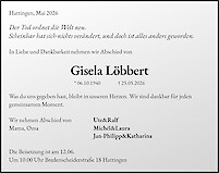 Traueranzeige Gisela L&ouml;bbert, Hattingen