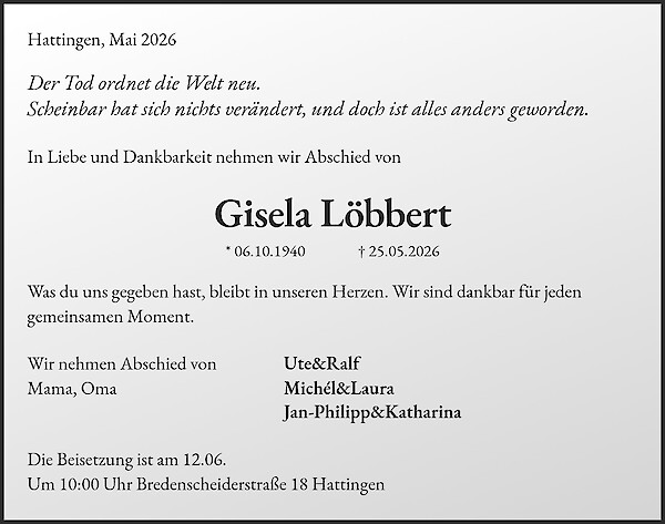 Traueranzeige von Gisela L&ouml;bbert, Hattingen