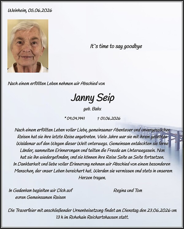 Traueranzeige von Janny Seip, Weinheim