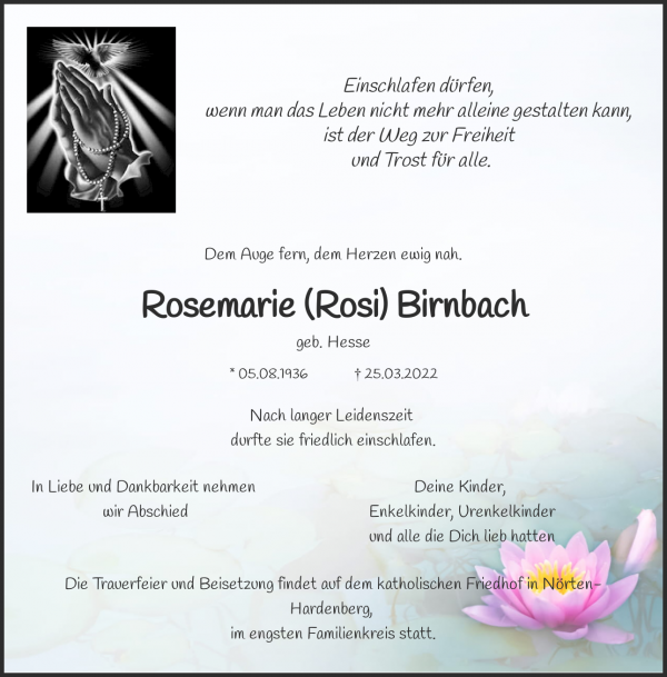 Traueranzeige von Rosemarie (Rosi) Birnbach, Nörten-Hardenberg