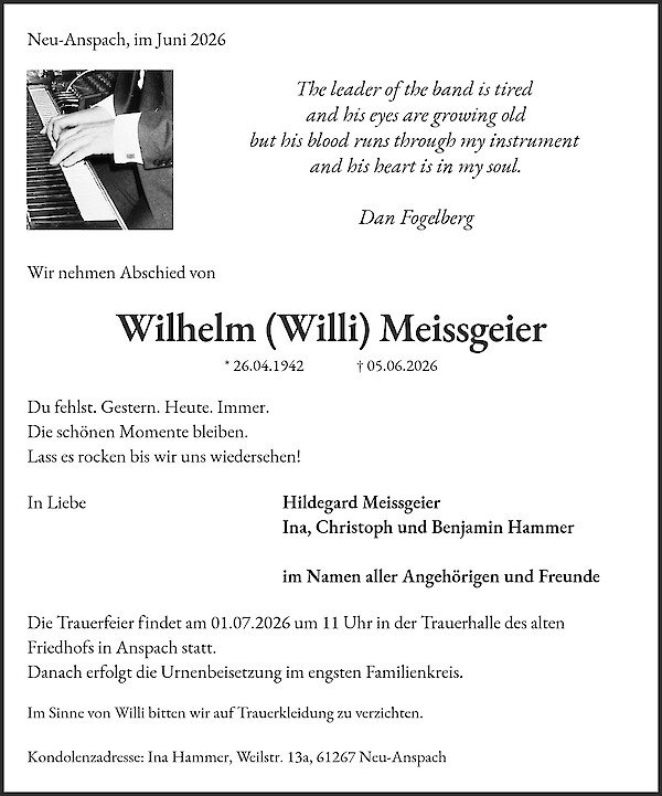 Traueranzeige von Wilhelm (Willi) Meissgeier