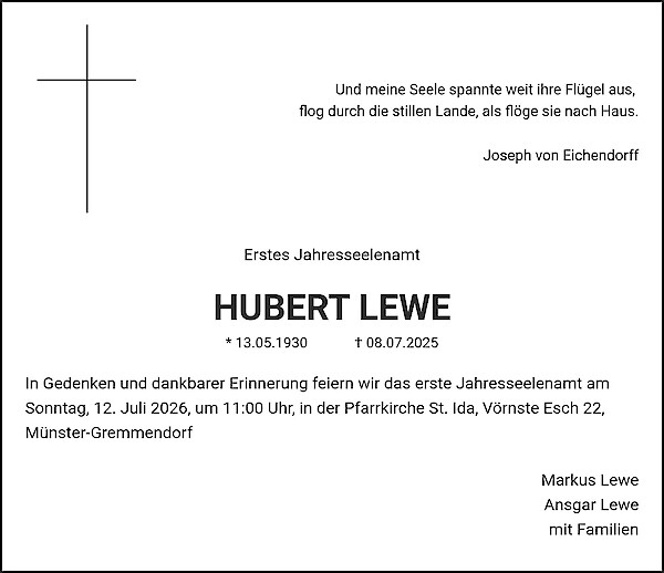 Jahresgedenken von HUBERT LEWE