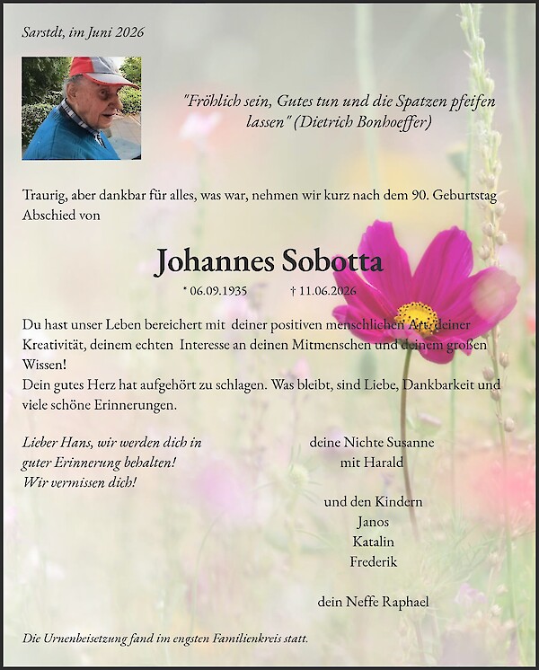 Traueranzeige von Johannes Sobotta, Sarstedt