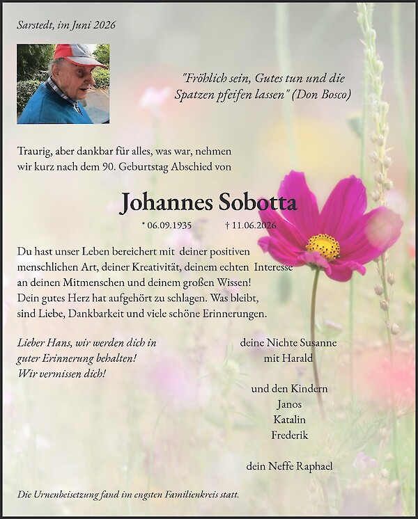 Traueranzeige von Johannes Sobotta, Sarstedt
