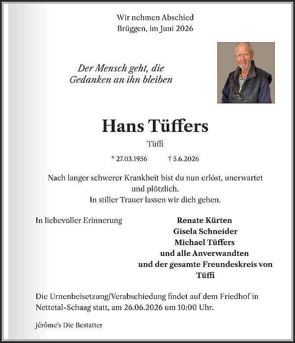 Traueranzeige von Hans T&uuml;ffers, Br&uuml;ggen