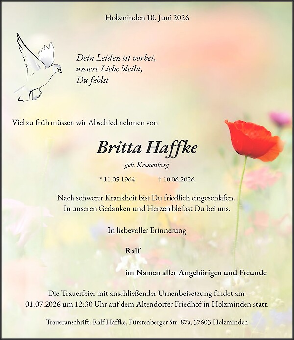 Traueranzeige von Britta Haffke