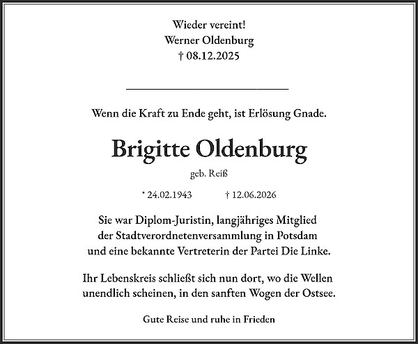 Traueranzeige von Brigitte Oldenburg, Potsdam