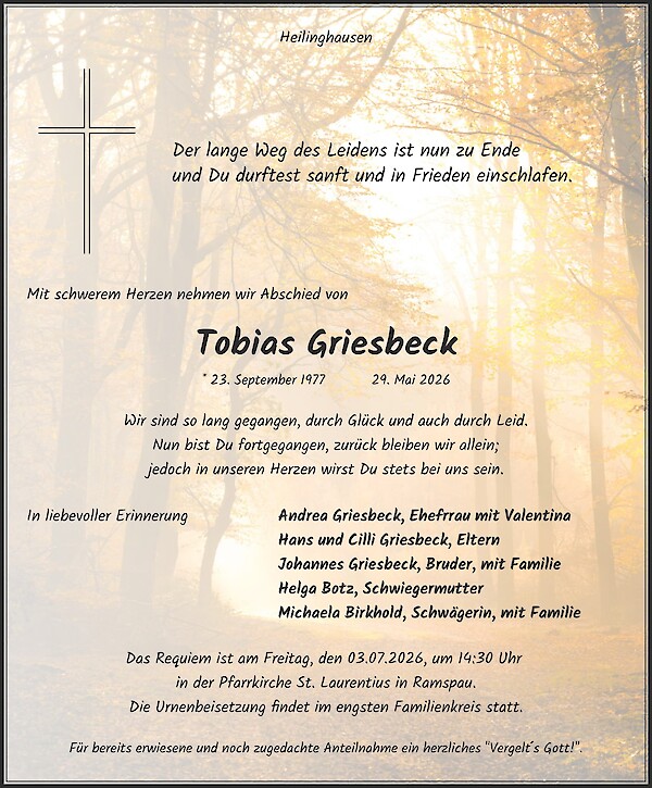 Traueranzeige von Tobias Griesbeck, Regenstauf