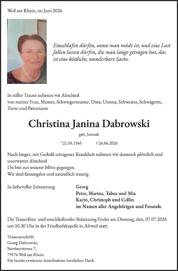 Traueranzeige von Christina Janina Dabrowski