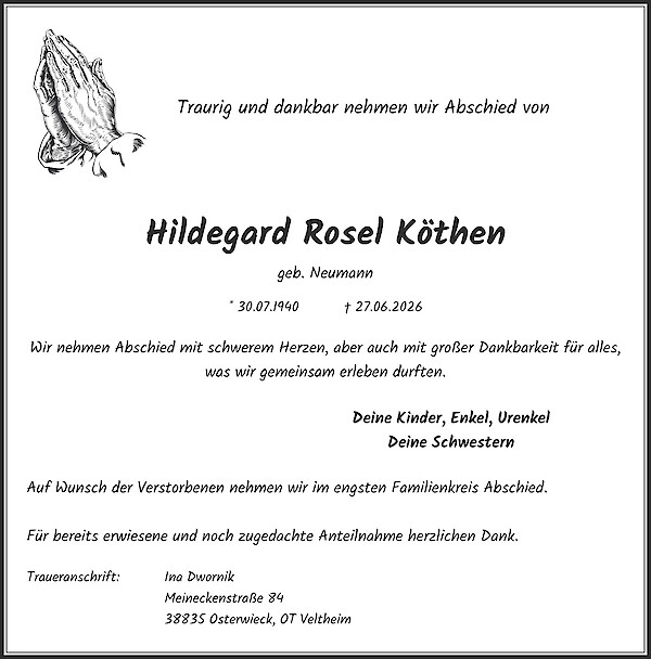 Traueranzeige von Hildegard Rosel K&ouml;then